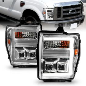 AmeriLite for 2008-2010 Ford F250 F350 Super Duty C-Type LED Tube Dual Square Projector Chrome Replacement Headlights Set - Passenger and Driver Side