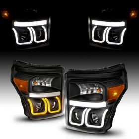AmeriLite for 2011-2016 Ford F250/350/450 Super Duty Switchback U-Type LED Projector Black Replacement Projector Headlights Assembly Set - Passenger and Driver Side