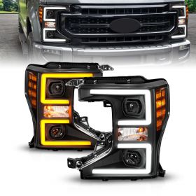 AmeriLite for 2020-2022 Ford Superduty Truck Sequential LED Tube Projector Black Headlights Set - Passenger and Driver Side