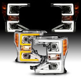 AmeriLite for 2020-2022 Ford Superduty Truck Sequential LED Tube Projector Chrome Headlights Set - Passenger and Driver Side