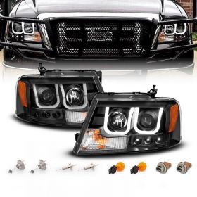 AmeriLite for Ford F150 F-150 | Lincoln Mark LT U-Type LED Tube Clear Black Bezel Replacement Projector Headlights Set - Passenger and Driver Side
