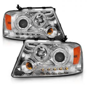 AmeriLite Chrome Projector Headlights Halo For Ford F-150 - Passenger and Driver Side