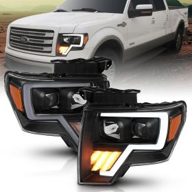 AmeriLite Black Projector Headlights LED Halo Bar For Ford F-150 - Passenger and Driver Side