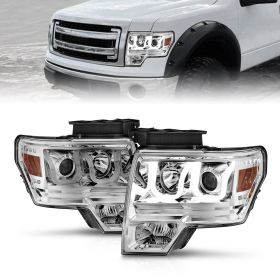 AmeriLite Replacement Black Headlights Assembly for 2009-2014 Ford F150 U-Type LED Tube Projector Set - Passenger and Driver Side