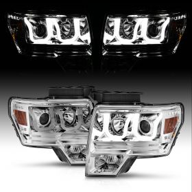 AmeriLite Replacement Black Headlights Assembly for 2009-2014 Ford F150 U-Type LED Tube Projector Set - Passenger and Driver Side