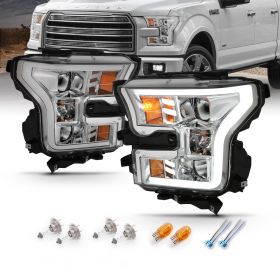AmeriLite Crystal Chrome LED Tube Parking Light Bar Dual Quad Projector Replacement Headlights Set For 2015-2017 Ford F150 Pickup - Driver and Passenger Side