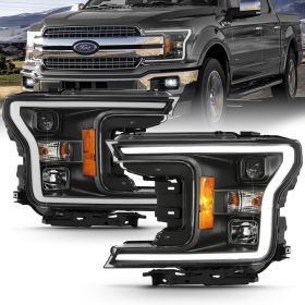 AmeriLite for 2018 2019 2020 Ford F150 Headlights Black Quad Projector with LED Light Bar Assembly Replacment Set � Driver and Passenger
