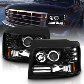 AmeriLite LED Halo Bar Black Projector Replacement Headlights Set For Ford F-150/F250/F350/Bronco - Passenger Right and Driver Left Side