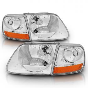 AmeriLite Replacement Crystal Headlights with Corner Parking Set for Ford F150 F-150 Harley Lighting - Driver and Passenger