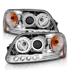 AmeriLite for 1997-2003 Ford F150 / Expedition Chrome Projector LED Dual Halo Ring Replacement Headlights Pair - Passenger and Driver Side