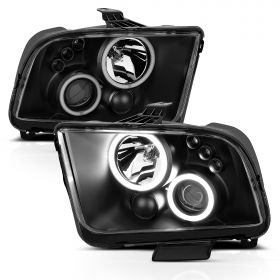 AmeriLite Black Dual Intense LED Halo Projector Replacement Headlights Pair For Ford Mustang 2005-2009 - Driver and Passenger Side