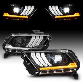 AmeriLite for 2013-2014 Ford Mustang [Full LED] Sequential Signal Black Projector Headlight Set - Passenger and Driver Side
