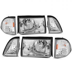 AmeriLite Chrome Replacement Headlights Corner Turn Signal Sets For 87-93 Ford Mustang - Passenger and Driver Side