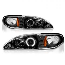 AmeriLite 1 Pc Projector Headlights Halo Black Amber For Ford Mustang - Passenger and Driver Side