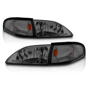 AmeriLite Smoke Replacement Headlights Corner Turn Signal Set For 94-98 Ford Mustang - Passenger and Driver Side