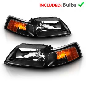 AmeriLite Crystal Headlights Black Amber For Ford Mustang - Passenger and Driver Side