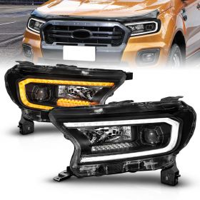 AmeriLite for 2019-2022 Ford Ranger XL/XLT Pickup [Full LED] Switchback Sequential Signal Tube Black Square Projector Headlight Set - Passenger and Driver Side