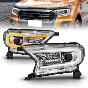 AmeriLite for 2019-2022 Ford Ranger XL/XLT Pickup [Full LED] Switchback Sequential Signal Tube Chrome Square Projector Headlight Set - Passenger and Driver Side