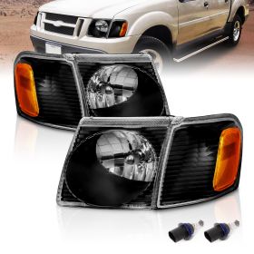 AmeriLite Sport Trac Crystal Replacement Headlights With Corner Lamp Black For Ford Explorer - Passenger and Driver Side