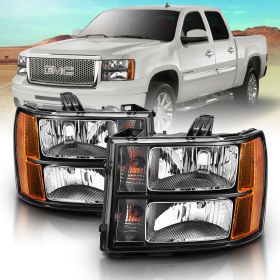 AmeriLite Black Headlights For GMC Sierra / Denali (Pair) High/Low Beam Bulb Included - Driver and Passenger Side