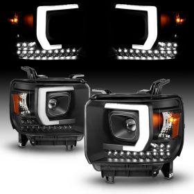AmeriLite Black Projector Headlights LED DRL Bar For GMC Sierra 1500 2500HD 3500HD Driver and Passenger Pair