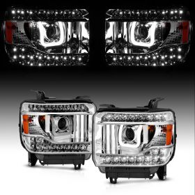 AmeriLite for 2014-2019 GMC Sierra 1500 2500 3500 LED Tube Running Lights Chrome Replacement Projector Headlights Pair - Passenger and Driver Side
