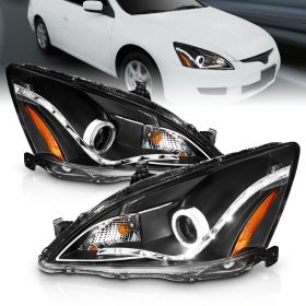 AmeriLite Projector Headlights Halo Black Amber (R8 Style) For Honda Accord 2/4 Door, Hybrid - Passenger and Driver Side