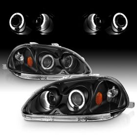 AmeriLite Black Dual LED Halo Projector Replacement Headlights Set For 96-98 Honda Civic - Passenger and Driver Side