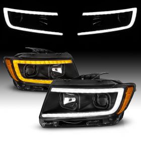 AmeriLite for 2011-2013 Jeep Grand Cherokee WK2 C-Type LED Switchback Tube Black Square Projector Headlight Assembly Pair - Passenger and Driver Side