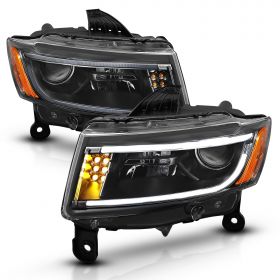AmeriLIte 2014-2016 LED Bar / Turn Signal Projector Black Headlights Pair For Jeep Grand Cherokee Halogen Version