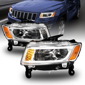 AmeriLite For 2014-2016 Jeep Grand Cherokee Halogen Ver. LED Bar / Turn Signal Projector Chrome Headlights Pair - Passenger and Driver Side