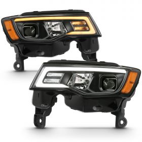 AmeriLite for 2017-2022 Jeep Grand Cherokee Switchback LED Bar Square Projector Black Headlights Assembly Set- Passenger and Driver Side