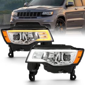 AmeriLite for 2017-2022 Jeep Grand Cherokee Chrome Square Projector Replacement Headlights Switchback LED Tube Set - Passanger and Driver Side