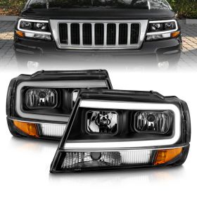 AmeriLite for 1999-2004 Jeep Grand Cherokee LED Light Bar Clear Black Replacement Headlights Set - Driver and Passenger Side