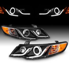 AmeriLite for 2010-2013 Forte Koup Dual LED Halos + Tube Black Replacement Projector Headlights Pair - Passenger and Driver Side