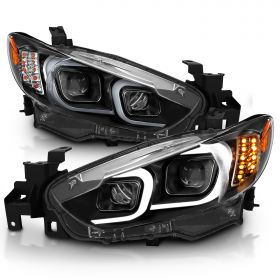 AmeriLite Black Projector Headlights With Glow Bar For 2014-2017 Mazda 6 (Pair) High/Low Beam Bulb Included