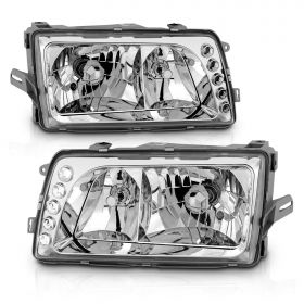 AmeriLite for 1981-1991 Mercedes Benz W126 S-Class 300 420 560 4-Door Sedan Clear Crystal Chrome Headlights LED Pair Replacement Assembly - Driver and Passenger Side