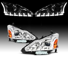 AmeriLite Projector Chrome Headlights LED Bar Style Set for 2013-2015 Nissan Altima 4 Door Sedan - Passenger and Driver Side