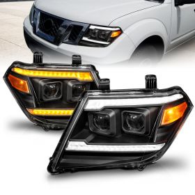 AmeriLite for 2009-2020 Nissan Frontier Pickup Truck LED DRL Tube Switchback Sequential Signal Black Projector Headlights Set - Passenger and Driver Side