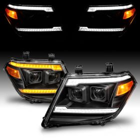 AmeriLite for 2009-2020 Nissan Frontier Pickup Truck LED DRL Tube Switchback Sequential Signal Black Projector Headlights Set - Passenger and Driver Side