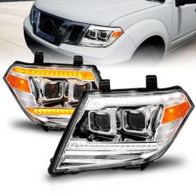 AmeriLite for 2009-2020 Nissan Frontier Pickup Truck LED DRL Tube Switchback Sequential Signal Chrome Projector Headlights Assembly Set - Passenger and Driver Side