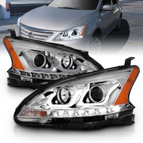 2013 2014 2015 LED Bar Parking Chrome Projector Headlight Pair For Nissan Sentra