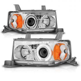AmeriLite Projector Headlights LED Halo Chrome Amber For 2004-2006 Scion xB - Passenger and Driver Side
