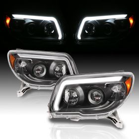 AmeriLite for 2006-2009 Toyota 4Runner LED Tube Bar Projector Black Replacement Headlights Pair - Passenger and Driver Side