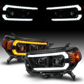 AmeriLite for 2010-2013 Toyota 4Runner Switchback LED DRL Sequntial Turn Signal Dual Projector Black Headlight Set - Driver and Passenger Side