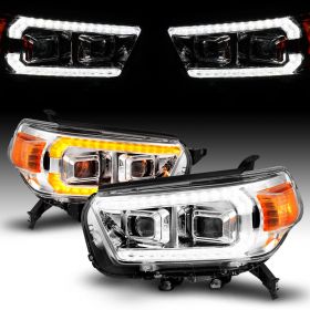 AmeriLite for 2010-2013 Toyota 4Runner Switchback LED DRL Sequntial Turn Signal Dual Projector Chrome Headlight Set - Driver and Passenger Side