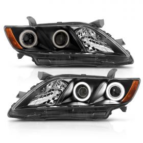 AmeriLite for 2005-2007 Toyota Camry Xtreme Dual LED Halos Projector Black Replacement Headlights Set - Passenger and Driver Side