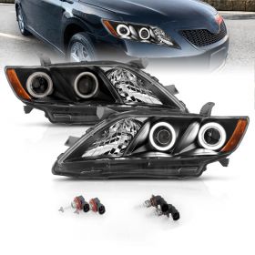 AmeriLite for 2005-2007 Toyota Camry Xtreme Dual LED Halos Projector Black Replacement Headlights Set - Passenger and Driver Side