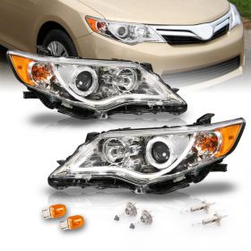 AmeriLite Chrome Projector LED Halo Light Tube Replacement Headlights Set for 2012-2014 Toyota Camry - Passenger and Driver Side