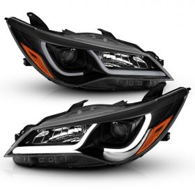 AmeriLite for 2015-2017 Toyota Camry Black w/ Glow LED Tube Projector Headlights Assembly Pair - Passenger and Driver Side
